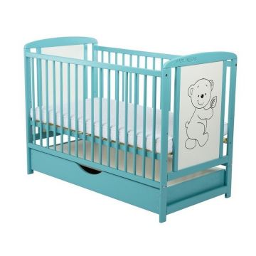 Patut din lemn Timmi BabyNeeds 120x60 cm cu sertar Mint + Saltea 8 cm