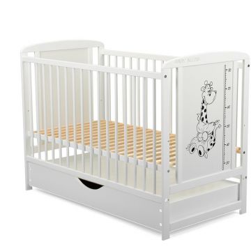 Patut din lemn Timmi BabyNeeds Girafa 120x60 cm cu sertar Alb + Saltea 8 cm