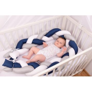 Protectie laterala din bumbac Bumper impletit The Braid GreyNavy 2 m, inaltime 16 cm, material exterior din bumbac satinat, umplutura antialergica din fibre siliconate