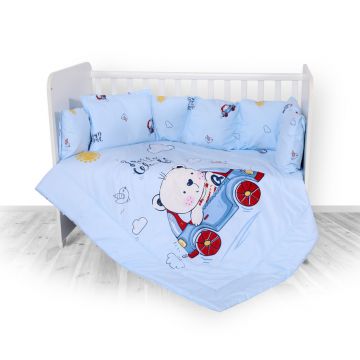 Set lenjerie pat 8 piese bumbac ranforce Trend Bear Car Blue