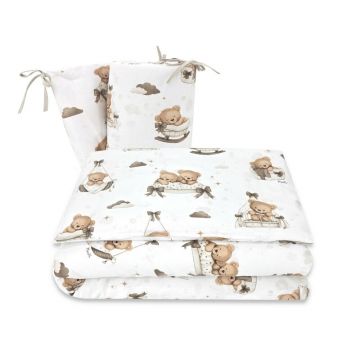 Lenjerie patut 3 piese, MimiNu, Pentru patut 120x60 cm, Cu protectie laterala, Din bumbac certificat Oeko Tex Standard 100, Tedy bear dreams beige