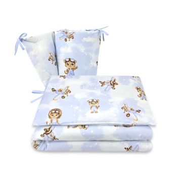 Lenjerie patut 3 piese, Qmini, Pentru patut 120x60 cm, Cu protectie laterala, Din bumbac certificat Oeko Tex Standard 100, Sky Adventure