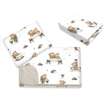 Lenjerie patut cu 3 piese, MimiNu, Cu cearceaf 120x60 cm, Din bumbac certificat Oeko Tex Standard 100, Cu paturica si pernuta, Tedy bear dreams beige
