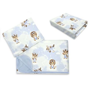 Lenjerie patut cu 3 piese, Qmini, Cu cearceaf 120x60 cm, Din bumbac certificat Oeko Tex Standard 100, Cu paturica si pernuta, Sky Adventure