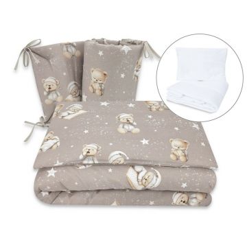 Lenjerie patut cu 5 piese, MimiNu, Pentru patut 120x60 cm, Cu pilota si perna, Din bumbac certificat Oeko Tex Standard 100, Bedtime story beige