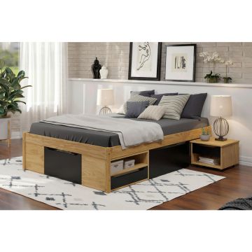 Pat Cu Spațiu De Depozitare, 90/200 cm, culoare natur, negru