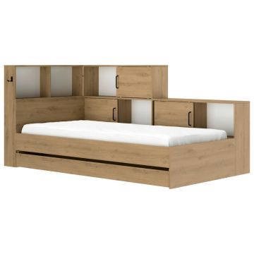 Pat Cu Spatiu Depozitare, 90/200 cm, alb, stejar Artisan
