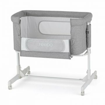 Patut co-sleeper 2 in 1, Feedo, Pliabil, Reglabil in 5 pozitii, Cu laterala detasabila, Cu roti, Greutate maxima suportata 9 kg, 0-5 luni, Gri
