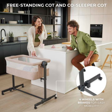 Patut co-sleeper KinderKraft Nestee Up 2 Light Grey, inclinare reglabila a saltelei, inaltime reglabila