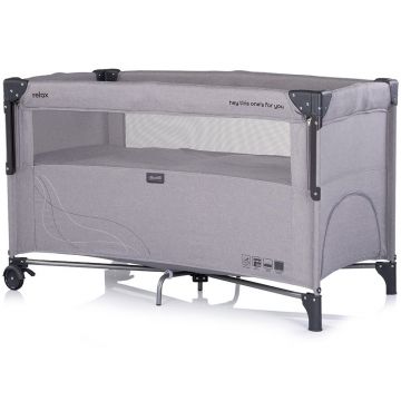 Patut pliabil Chipolino Relax Platinum Linen cu laterala culisanta, 2 nivele, intrare laterala, geanta pentru transport, greutate admisa 15 kg