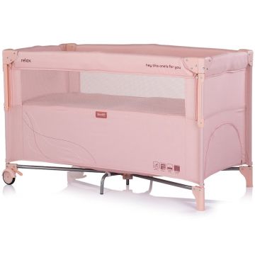 Patut pliabil Chipolino Relax Powder Pink Linen cu laterala culisanta, 2 nivele, intrare laterala, geanta pentru transport, greutate admisa 15 kg