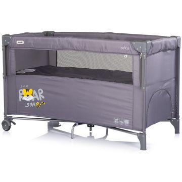 Patut pliabil Chipolino Relax Tiger Charcoal cu laterala culisanta, 2 nivele, intrare laterala, geanta pentru transport, greutate admisa 15 kg
