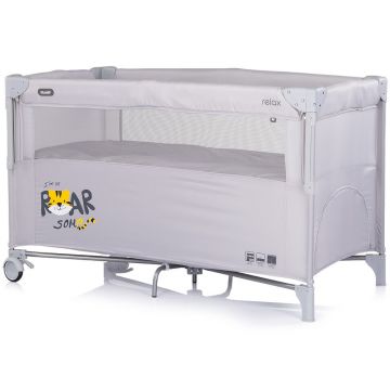 Patut pliabil Chipolino Relax Tiger Platinum cu laterala culisanta, 2 nivele, intrare laterala, geanta pentru transport, greutate admisa 15 kg