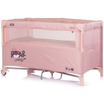 Patut pliabil Chipolino Relax Tiger Powder Pink cu laterala culisanta, 2 nivele, intrare laterala, geanta pentru transport, greutate admisa 15 kg