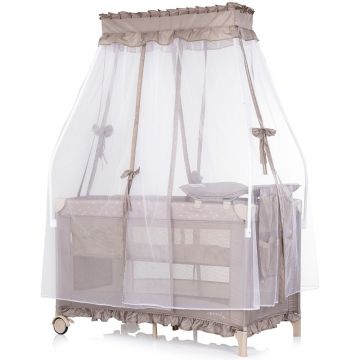 Patut pliabil pentru copii Chipolino Palace Latte cu doua nivele, saltea de infasat, baldachin, roti, geanta pentru transport, buzunar si intrare laterala