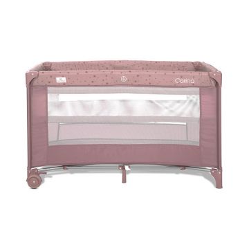 Patut pliabil pentru copii Lorelli Carina Pink Stars, 2 nivele, deschidere laterala cu fermoar, prevazut cu roti cu frana