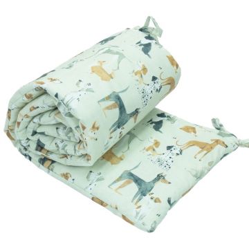 Protectie laterala pentru patut copii Kerstin Dogs 180 x 30 cm, cu doua fete, suprafata din bumbac 100, prindere cu panglici