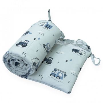 Protectie laterala pentru patut copii Kerstin Excavatoare gri 180 x 30 cm, cu doua fete, suprafata din bumbac 100, prindere cu panglici
