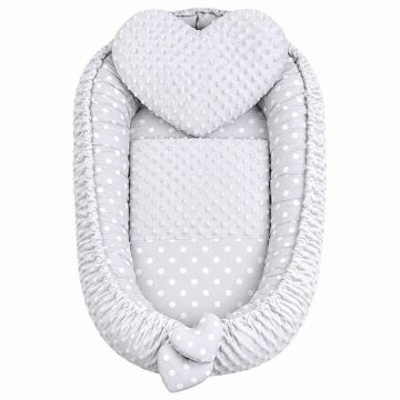 Set 3 piese, New Baby, Luxury, Baby Nest, Cu paturica si pernuta in forma de inima, Minky Heart Grey