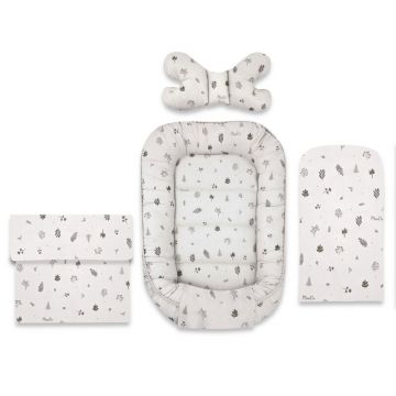 Set 4 in 1 Cosulet bebelus, MimiNu, Baby Cocoon 75x55 cm, Husa bumbac, Din bumbac certificat Oeko Tex Standard 100, Cu paturica 50x70 cm, Cu salteluta, Cu perna fluture, Leaves