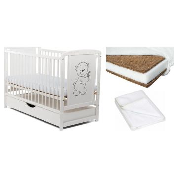 Set Patut din lemn 120x60 cm cu sertar + Saltea Cocos Confort + Protectie impermeabila