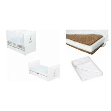 Set Patut din lemn bebe Babyneeds, Nadia II cu sertar, 120x60 cm, Alb + Saltea patut bebe, Cocos Confort II, Cu fibre de cocos si strat de burete, 120x60x10 cm + Protectie impermeabila, Pentru patuturi 120x60 cm, Alb