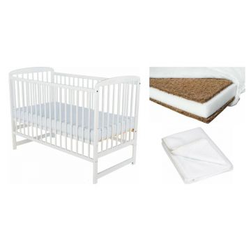 Set Patut din lemn bebe Babyneeds, Ola, 120x60 cm, Alb + Saltea patut bebe, Cocos Confort II, Cu fibre de cocos si strat de burete, 120x60x10 cm + Protectie impermeabila, Pentru patuturi 120x60 cm, Alb