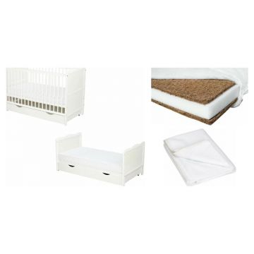 Set Patut din lemn bebe Qmini, Julia cu sertar, 120x60 cm, Alb + Saltea patut bebe, Cocos Confort II, Cu husa detasabila, Antialergica, 120x60x8 cm + Protectie impermeabila, Pentru patuturi 120x60 cm, Alb