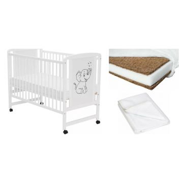 Set Patut din lemn bebe Qmini, Timmi Elephant, 120x60 cm, Alb + Saltea patut bebe, Cocos Confort II, Cu husa detasabila, Antialergica, 120x60x10 cm + Protectie impermeabila, Pentru patuturi 120x60 cm, Alb