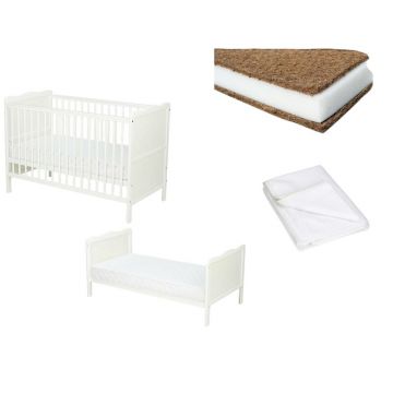 Set Patut din lemn Qmini Julia + Saltea Cocos Confort II + Protectie impermeabila Qmini
