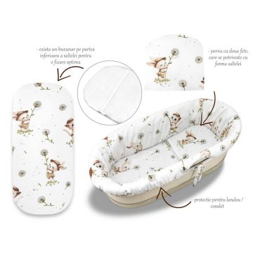 Set pentru landou/cosulet, MimiNu, Cu protectie, saltea si pernuta, Din bumbac certificat Oeko Tex Standard 100, Cats