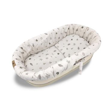 Set pentru landou/cosulet, MimiNu, Cu protectie, saltea si pernuta, Din bumbac certificat Oeko Tex Standard 100, Leaves