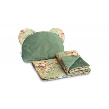 Set pernuta si pilota pentru caruciorlandoupatut copii Sensillo Velvet Green cu doua fete bumbaccatifea, umplutura silicon lyocell antialergic, perna cu urechiuse, recomandat de la nastere