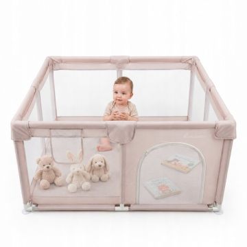 Tarc de joaca copii, Primabobo, Luna, 127 x 127 cm, Pliere compacta, Din plasa, Cu intrare laterala si buzunar pentru depozitare, Ancorare cu ventuze pentru stabilitate, Bej