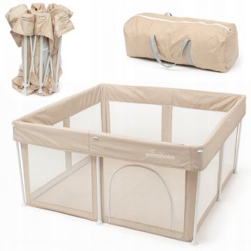 Tarc de joaca copii, Primabobo, Tina, 127 x 127 cm, Pliere compacta, Din plasa, Cu intrare laterala, Pentru interior si exterior, Include geanta transport, EN12227, Bej