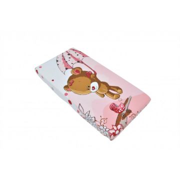 Cearceaf din bumbac cu elastic Pink bear with umbrella 120x60 cm