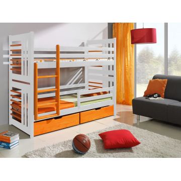 Pat supraetajat din lemn de pin, cu 2 sertare pentru copii Roland, 200 x 90 cm
